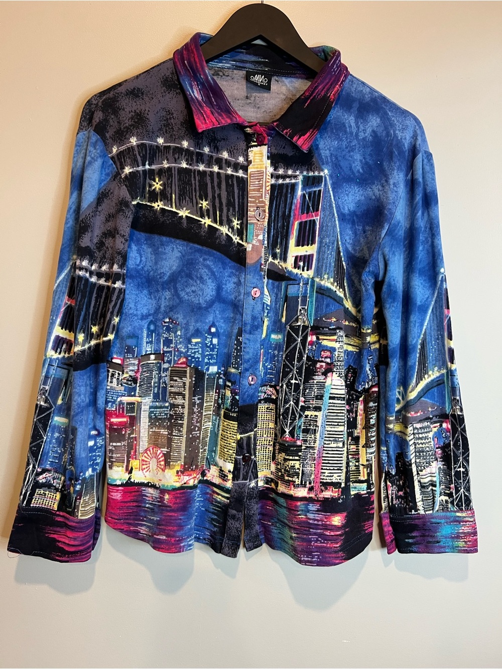Miss Nikky Cityscape Button-Up Top Small Graphic Skyline Blouse Y2K